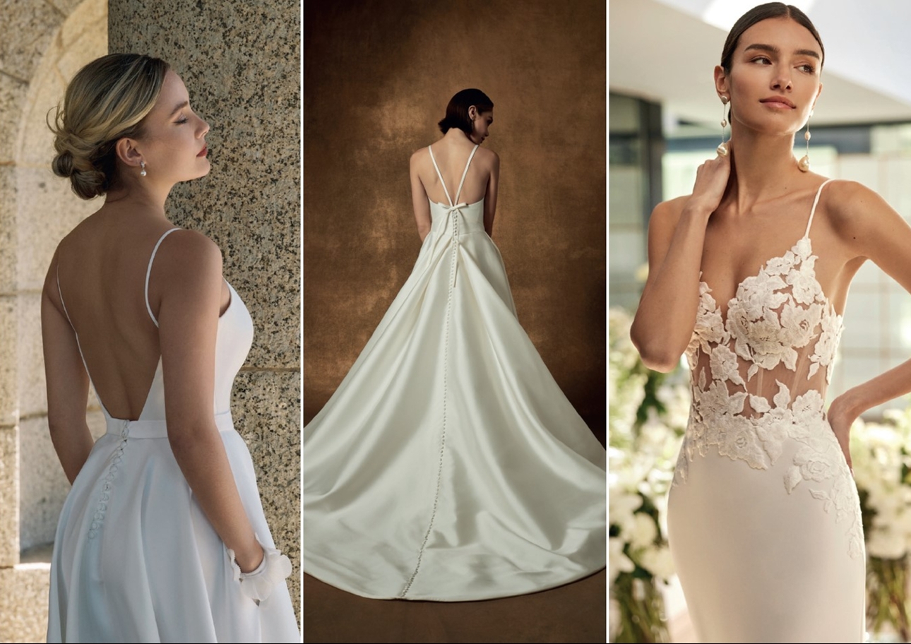 models in three wedding dresses with different styles of straps